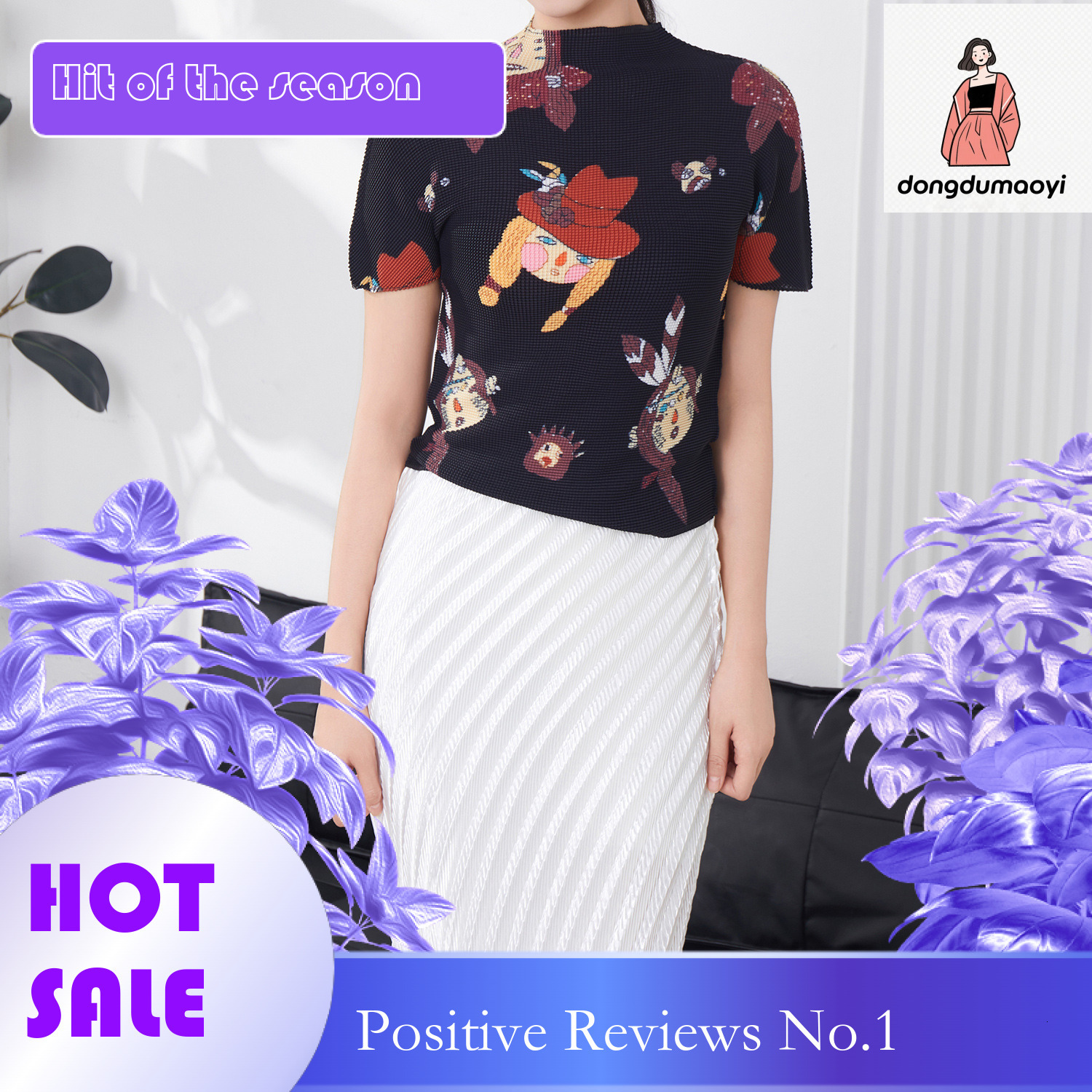 dongdumaoyi Miyake Fashion Folded Top Summer New Cartoon Elastic Versatile Half High Collar and Slimming Short Sleeve T-shirt for Women