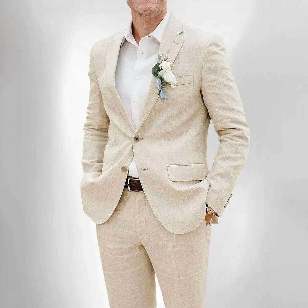 Sell Highend Summer Beige Linen Wedding Suits for Men 2 Pieces Notch Lapel Fashion Groom Slim Casual Beach Set 250506