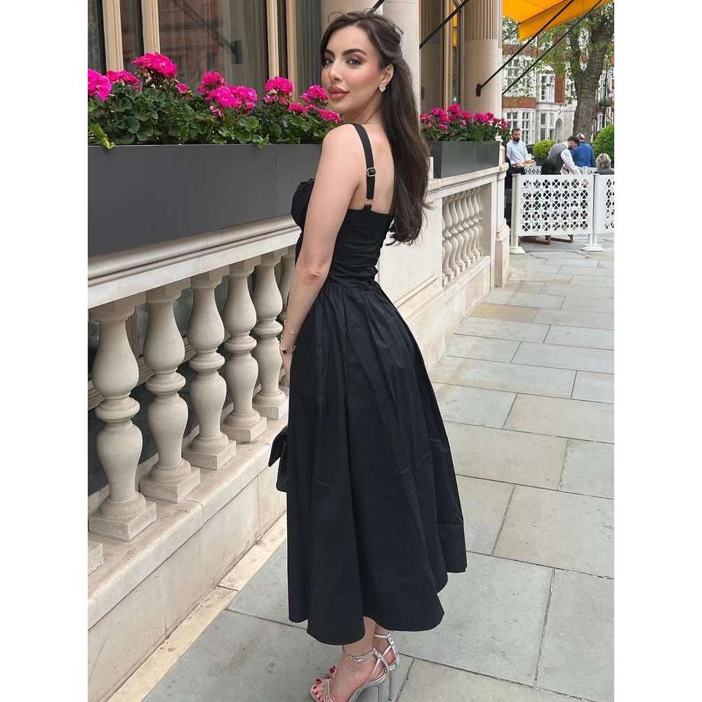 Mingmingxi Summer Black Spaghetti Strap Holiday Party Dresses Elegant Midi Button Lace Up Casual Women New In Dress