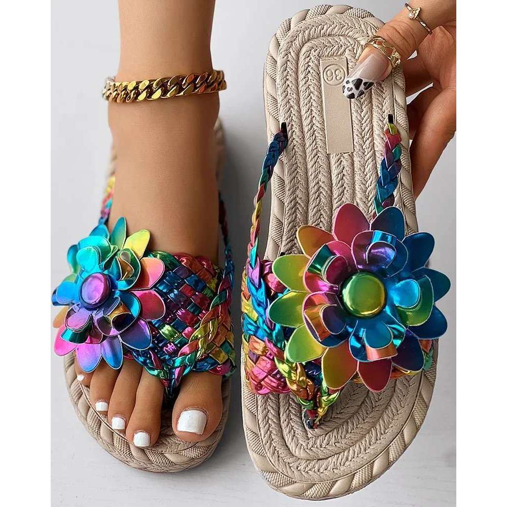 Women Fashion Casual Shoes Flat Vacation Holiday Holographic Braided ral Pattern Toe Post Beach Flip ps