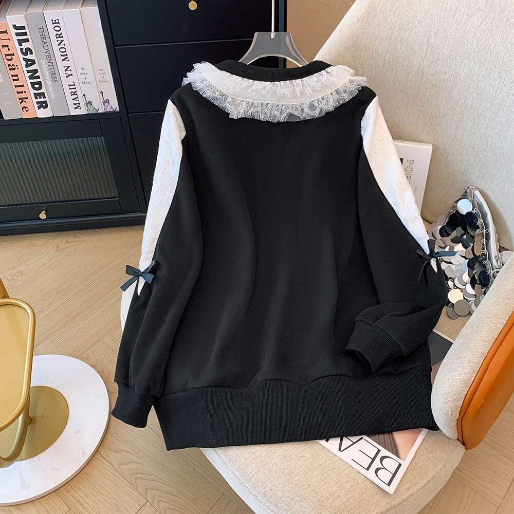 Spring Autumn Plus Size Women's Lapel Lace Edge Black and White Splicing Jacket Casual Loose Commuter Long Sleeve Top