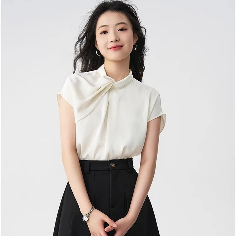 Summer Elagant Front Cross Womens Blouse Short Sleeve Stand Collar Korean Casual Loose Office Lady Shirts Female 250514