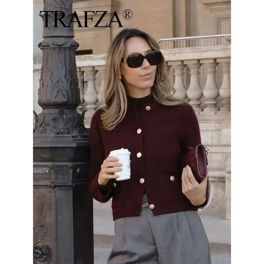TRAFZA Women Vintage Solid Sweaters Autumn Casual O Neck Long Sleeve Knitted Cardigan Coat Female Fashion High Street Y2k Tops