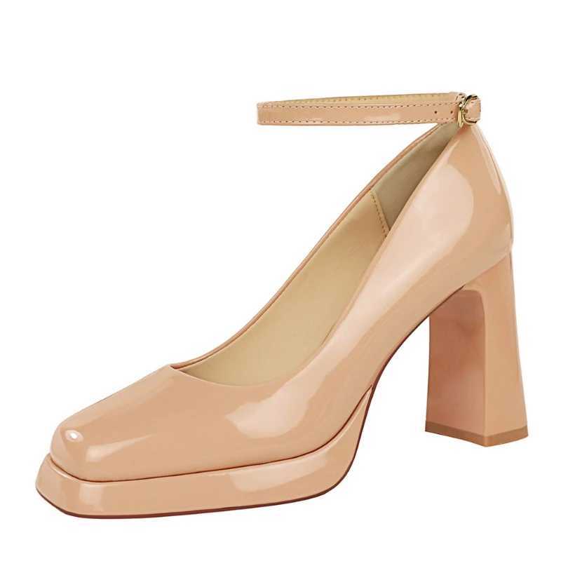 European American Style Simple Thick Heeled Super High Heel Waterproof Platform Patent Leather Square Head Strap Single Shoes W250514
