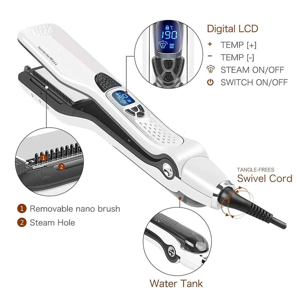 Professional Steam Straightener Brush Anti-scald Negative Ion Care Ceramic Wide Hair Curling Flat Plates Lcd Display
