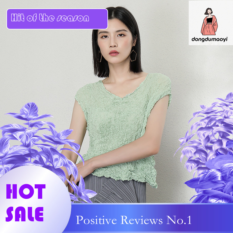 dongdumaoyi Miyake sleeveless V-neck vest pleated top women's summer new style, see through thin, solid color temperament short T-shirt for women