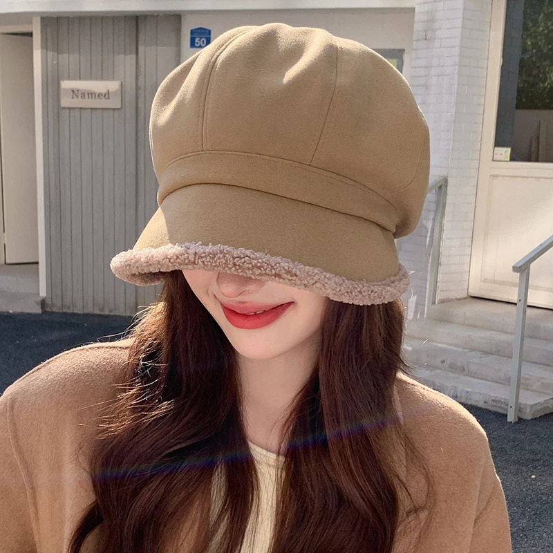 Beret Hat Women Winter Octagonal Hats For Women Retro Solid Color Velvet sboy Cap Female Keep Warm Gorro Bucket Hat 250514