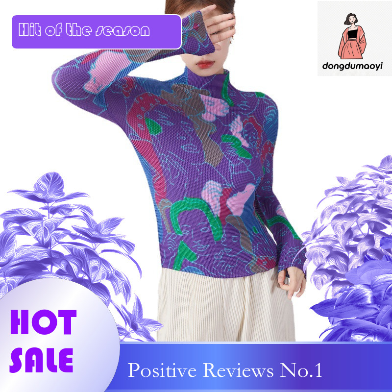 dongdumaoyi Miyake Spring Autumn's new printed long sleeved T-shirt with slim fit and elastic texture, pleated base, versatile top