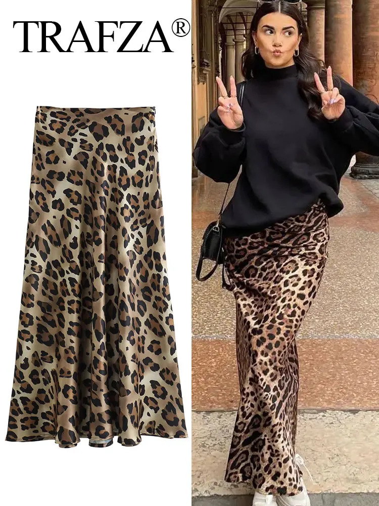 TRAFZA Women Fashion Leopard Print Skirt Vintage High Waist Midi Skirts Elegant Summer Casual Streetwear 250514