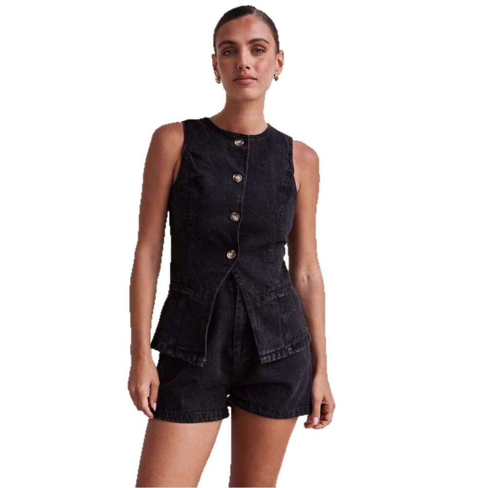 2025 Spring/summer New Fashion Sleeveless High Waist Loose Cowboy Shorts Set Washable Gentle Wind Show Thinness Long Printing New Pattern Fashion New 