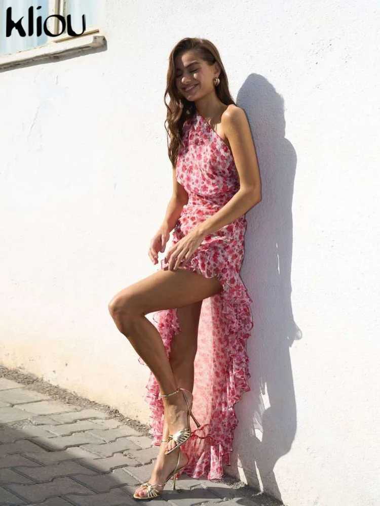Adhesive Irregular Women Dress Fashion Atttractive Floral Print Incline Shoulder Ruffle Side Split Dresses Trend Female StreetwearXJ250514