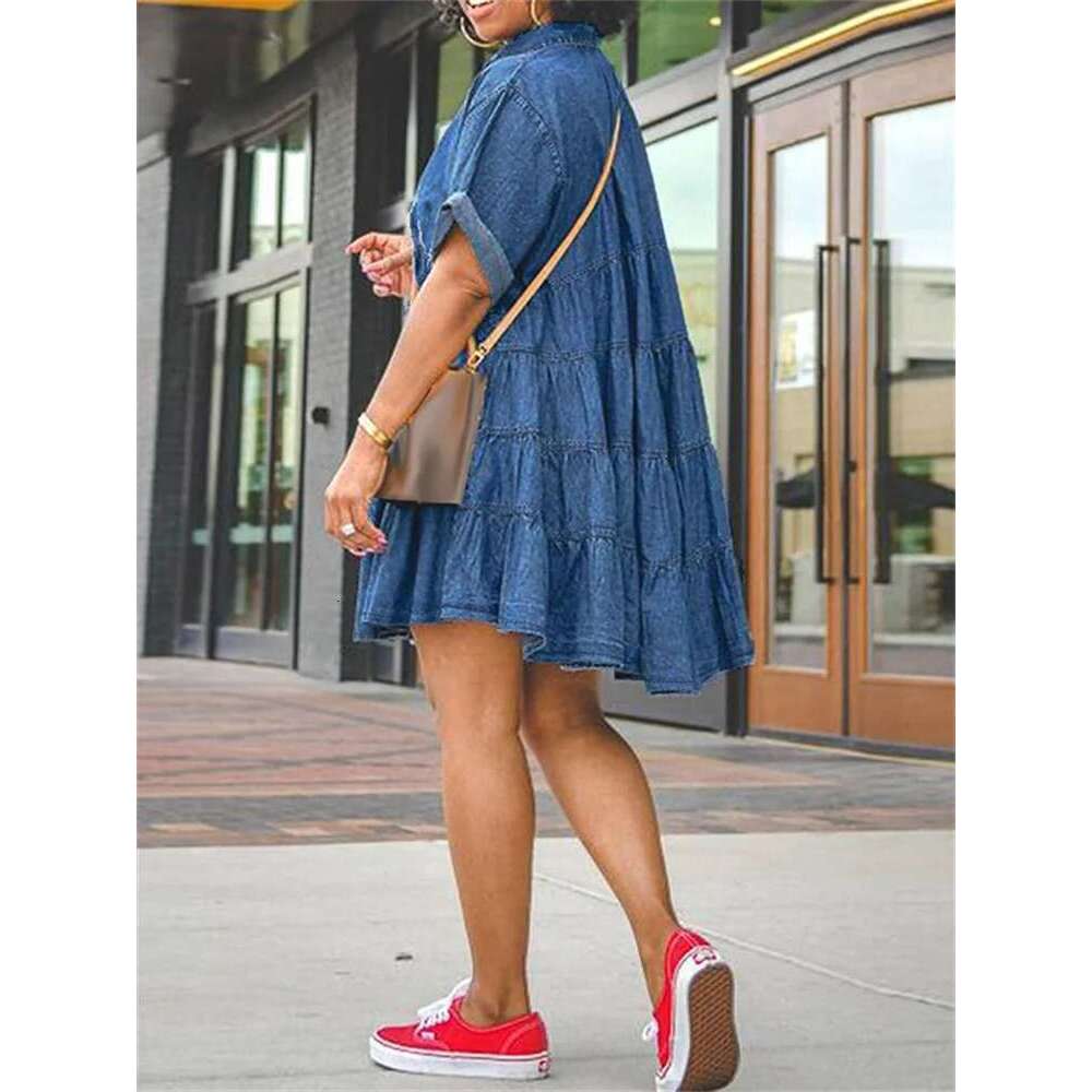 Wmstar Plus Size Denim Dresses Women Elegant Casual Loose Short Sleeve Summer Midi Dress Wholesale Dropshipping New Style