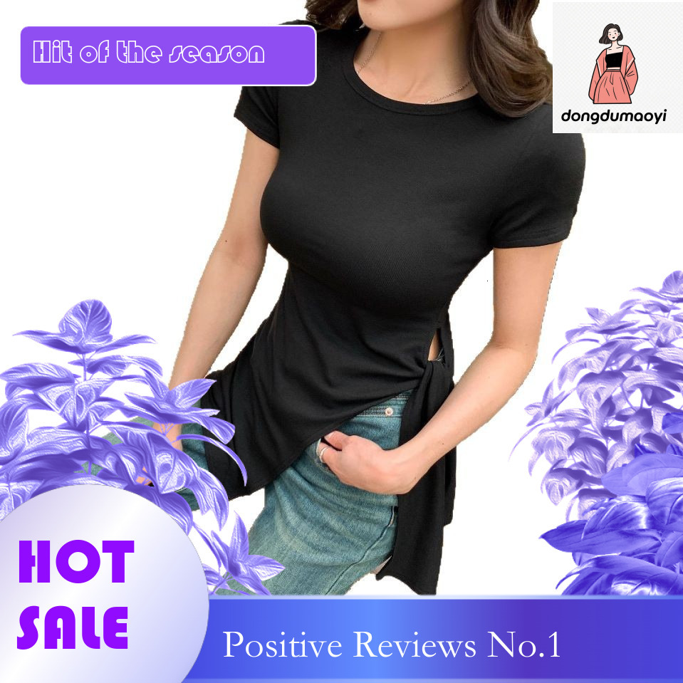 dongdumaoyi Cotton irregular slit strap shoulder short sleeved T-shirt for women in summer 2025, with a mid length design sense