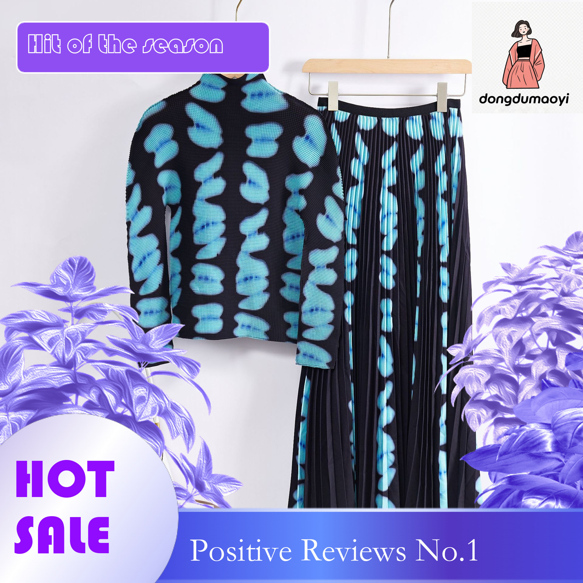 dongdumaoyi Half high collar printed base autumn outfit European small shirt two-piece slimming pleated skirt fashion set