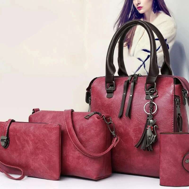 Women Composite Tassel Leather Purse Handbags Famous Brands Designer Top-Handle Female Shoulder Bag 4Pcs/Set
