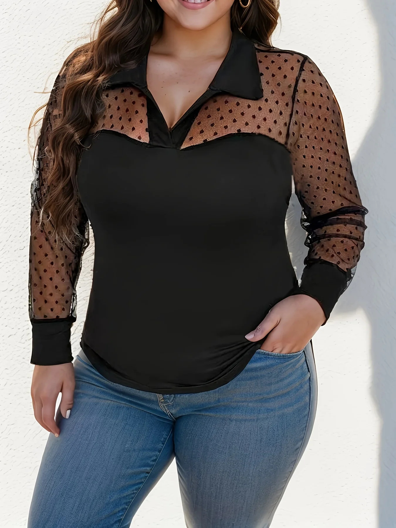 Plus Size Swiss Dot Mesh Stitching Blouse Elegant Collared Long Sleeve Top For Spring Fall Womens Clothing 250514
