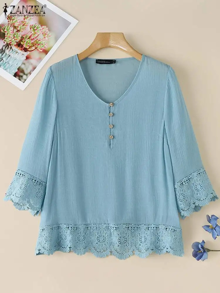 ZANZEA Korean Fashion Casual Blouses V Neck Solid Color Lace Patchwork 34 Sleeve Shirt Tops Autumn Elegant Women Blusas 250514