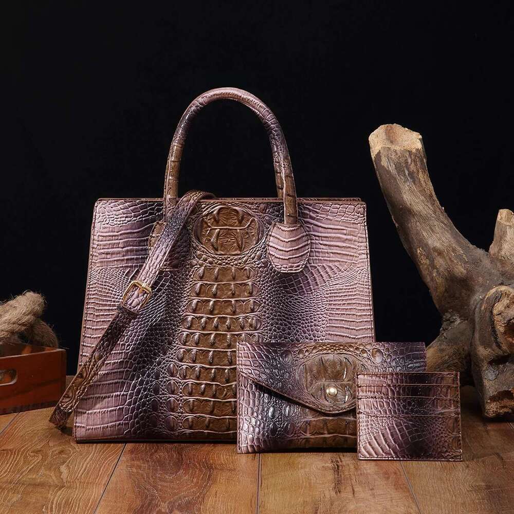 3 Pcs Crocodile Pattern Handbag Purses Set, Multi-Functional Vintage Top Handle Crossbody Business Clutch Bag & Card Coi