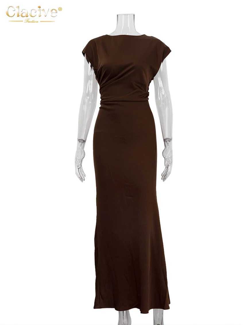 Clacive Summer Slim Brown Satin Womens Dress 2024 Bodycon O-Neck Sleeveless Ankle Length Dresses Elegant Classic Female DressXJ250514