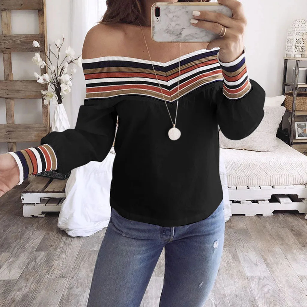 Sexy Off Shoulder Long Sleeve Women Tops And Blouses Spring Stripe Casual Blouse Womens Top Femme 250514