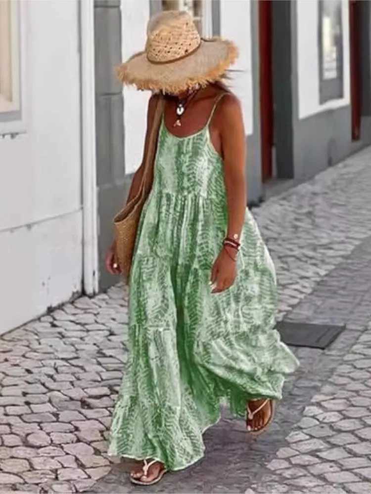 Tie Dye Print Spaghetti Strap Dresses Women Bohemian Style Loose Backless Vacation Beach Long Dress Female Fashion StreetwearXJ250514