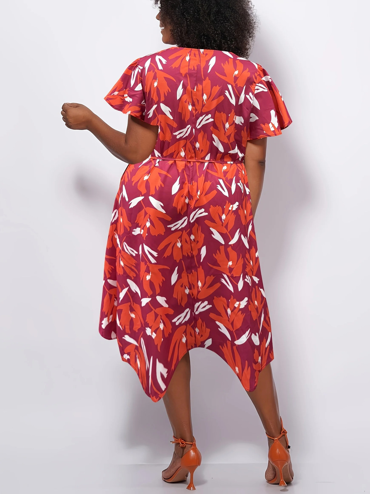 Large size dress with springsummer holiday beach style print Vneck irregular hem n loose lotus sleeves at the waist 250506