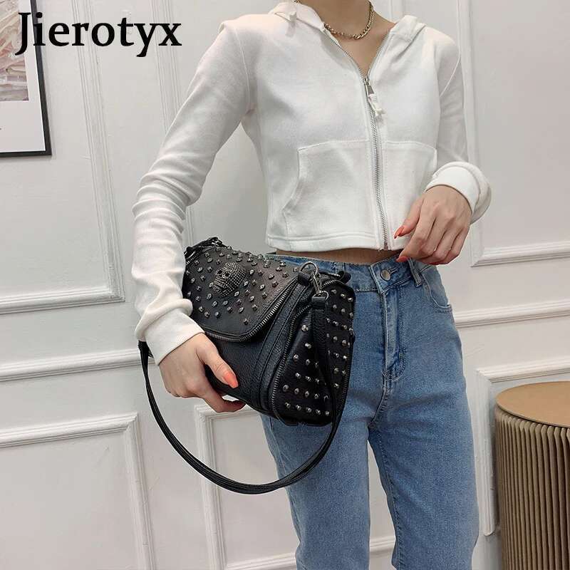 JIEROTYX Sexy Rivet Shoulder Female Designer Punk Skull Gothic Style Womens Handbags Large Capacity Messenger Bags