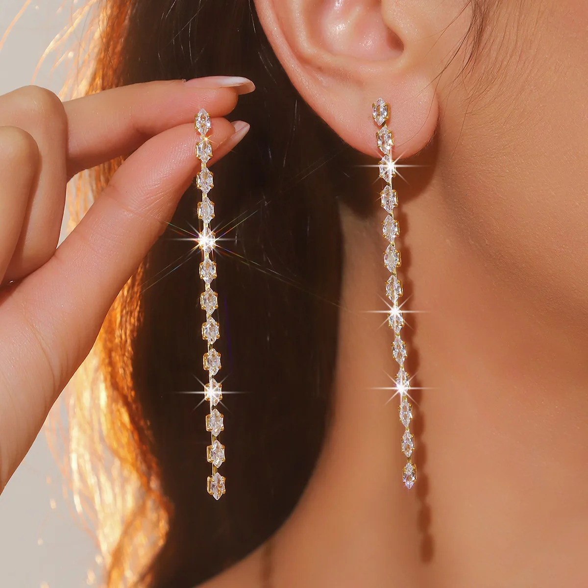 FYUAN Simple Geometric Zircon Crystal Earrings for Women Gold Silver Color Long Tassel Dangle Earrings Party Weddings Jewelry 250513