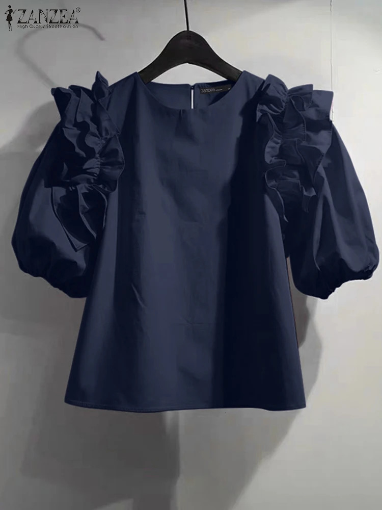 ZANZEA Women Summer Chic Blouse Korean Fashion Puff Short Sleeve Tops Vintage Ruffle Patchwork Tunic Casual Round Neck Loose Top 250514