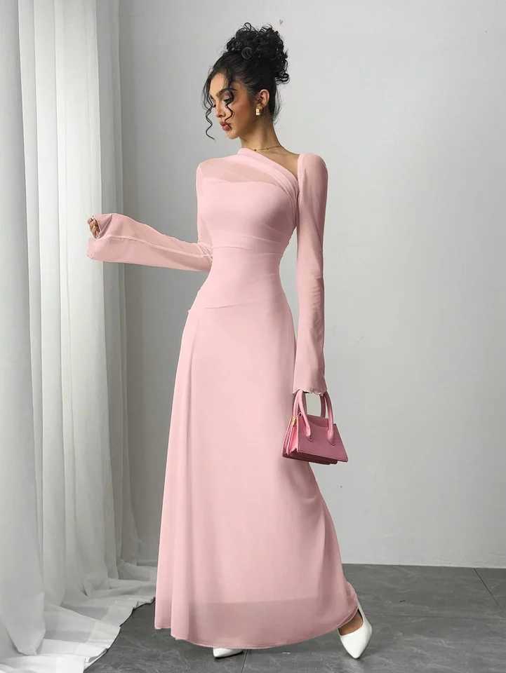 New spring/summer womens pink tulle explosion slim irregular diagonal shoulder ultra long dressXJ250514