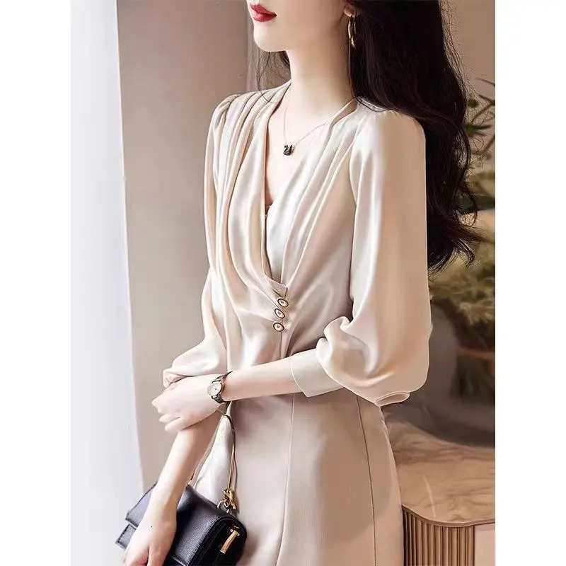 Womens Satin Blouse Solid Color Long Sleeve Vneck Shirts Office Lady Wear Elegant Female Clothes Spring Fashion Top 250514