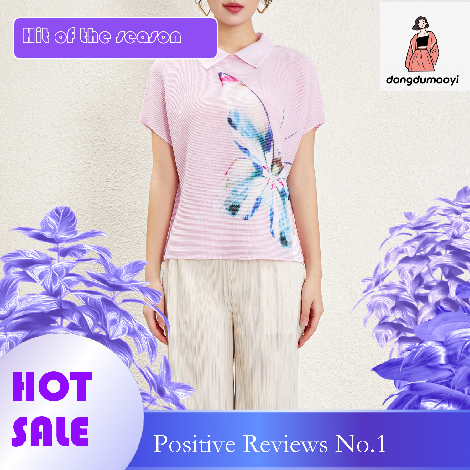 dongdumaoyi New European style short sleeved pleated top spring and summer 2024, featuring a niche design otaku. Polo small collar printed T-shirt for