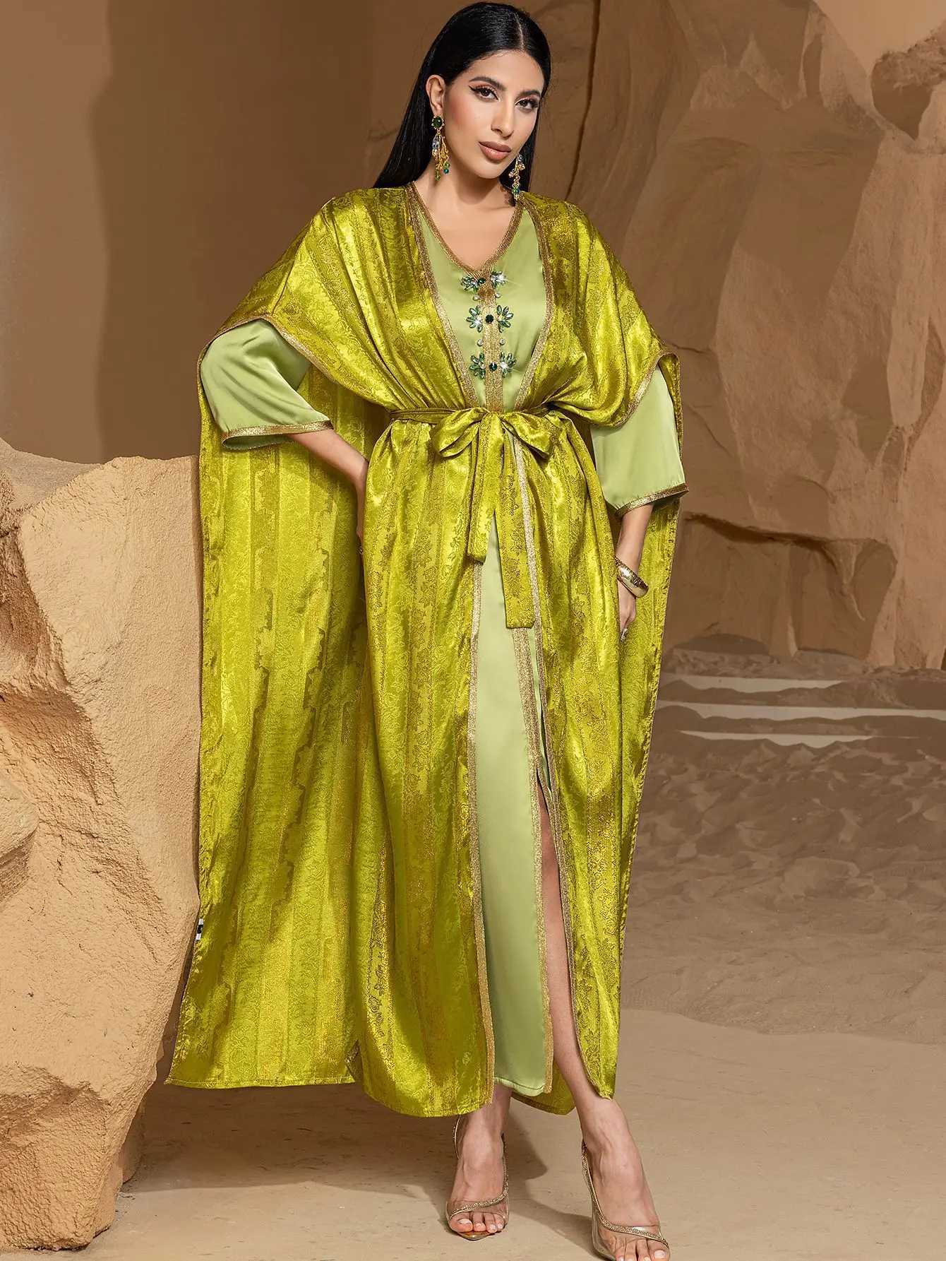 Dubai Abayas Kimono Muslim Sets for Women Satin Evening Party Dress Turkey Kaftan Eid Djellaba Islam Jalabiya Femme Robe Caftan X250514