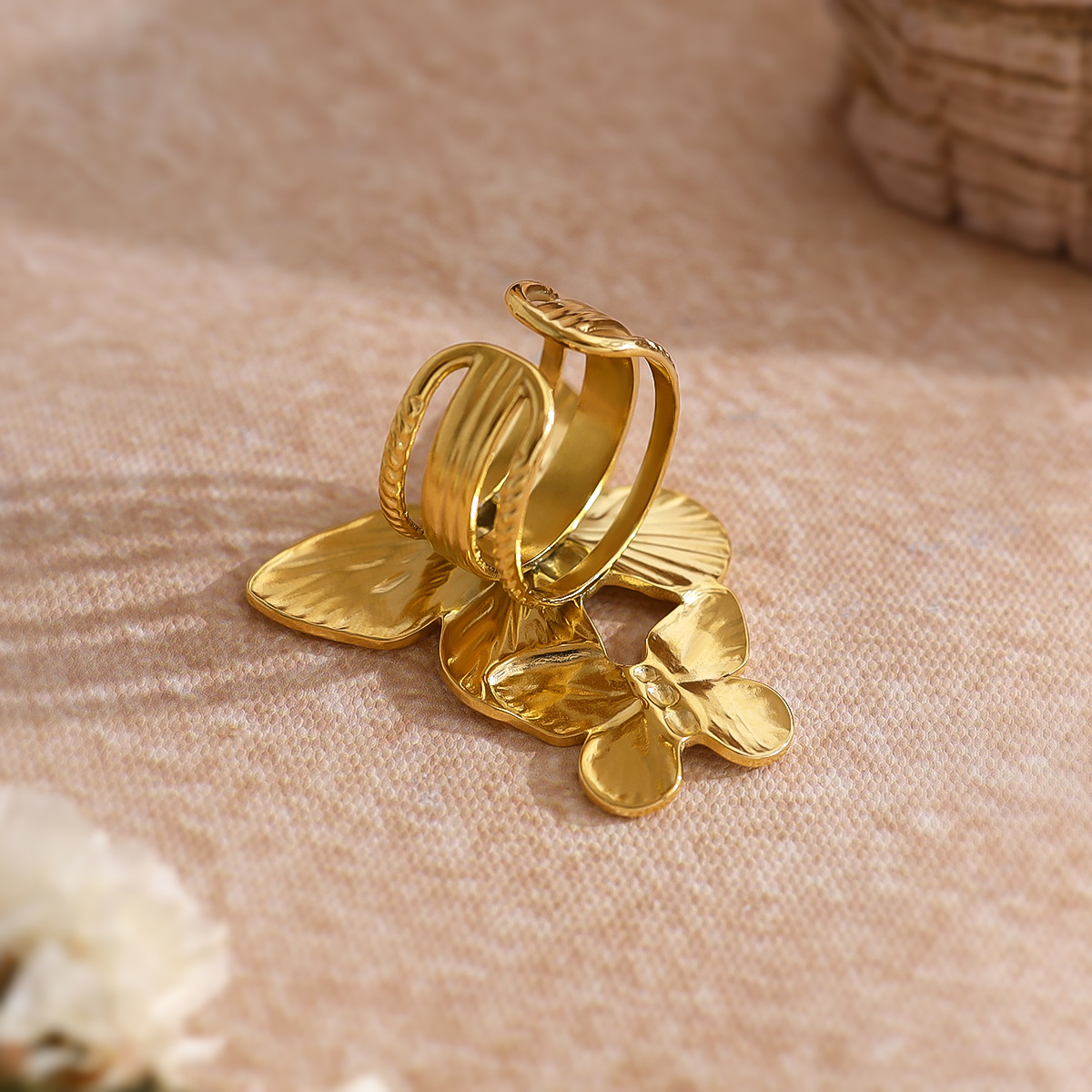 Exaggerated Butterfly Design Ring - Unique Double-layer Textured Stainless Steel Ring with PVD 18K Gold Plating for Women