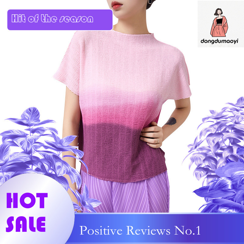 dongdumaoyi Miyake short sleeved T-shirt pleated 2024 summer digital print round neck loose thin style chic design top for women