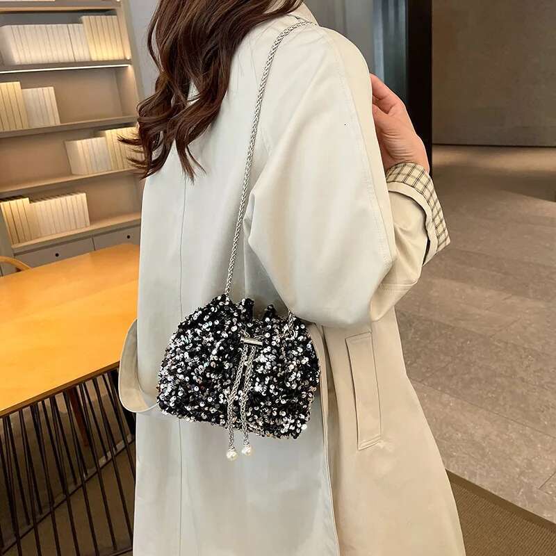 New Evening 2025 Fashion Sequin Bucket Bag Crossbody Bags for Women PU Black Sier Purse and Handbags