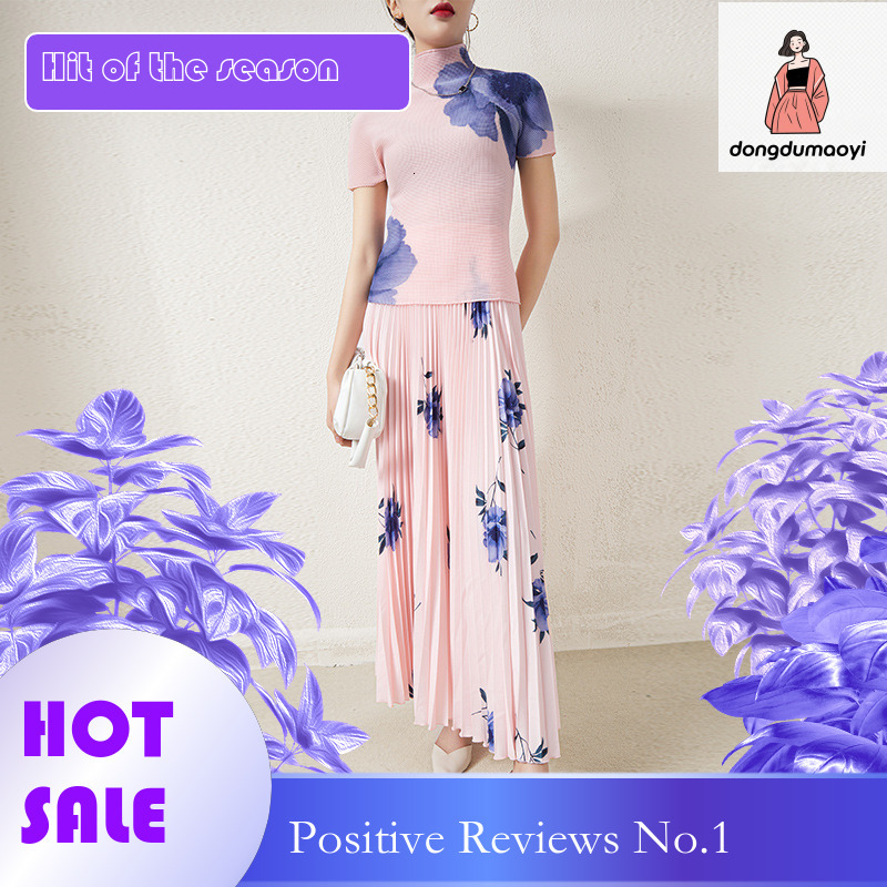 dongdumaoyi Miyake Fashion Set, Women's 2025 Summer New Style, High end Folded Large T-shirt, Top, pleated skirt two-piece set