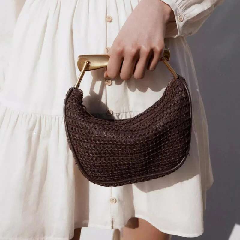 Summer Rattan Woven Crossbody Shoulder Bag,Half-Moon Beach Tote Bag,Women Designer Purse,Casual Metal Handle Straw Handbag