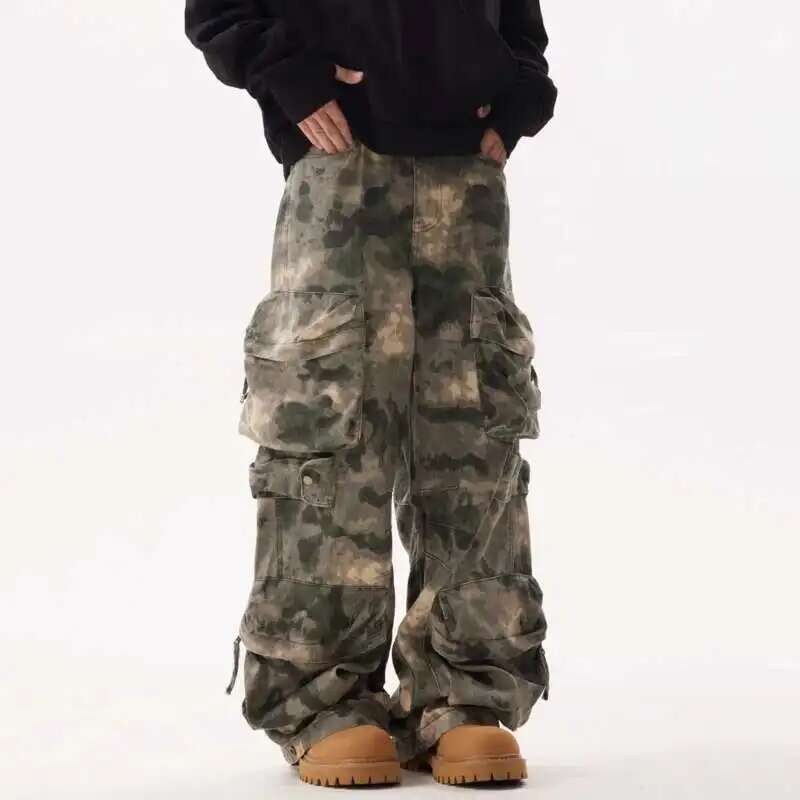 Camouflage Men's Wide Leg Pants High Street Three-dimensional Multi Pockets Bottom Tie Dye Cargo Trousers Spring