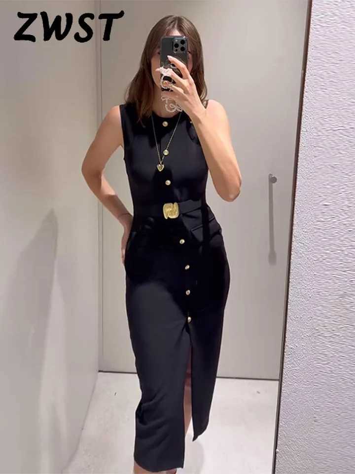 Black Elegant Long Dress With Belt Women Slim Single Breasted Front Split Sleeveless Female Dresses 2025 Summer Lady DressXJ250514