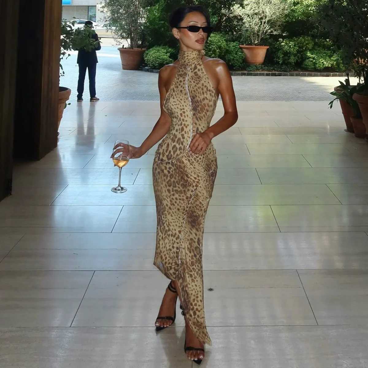 Cryptographic Fashion Halter Leopard Sexy Backless Maxi Dress Women Club Outfits Bandage Embellished Long Dresses Robe ClothesXJ250514