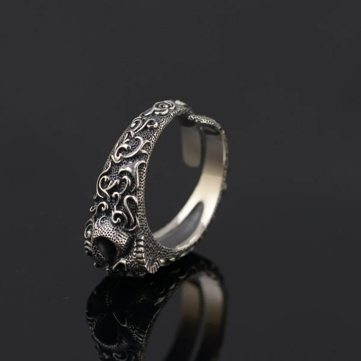 Gothic Punk Skull Rings For Men And Women 925 Sterling Silver Jewelry Resizable Vintage Flower Engraved Skeleton Finger Band 250509