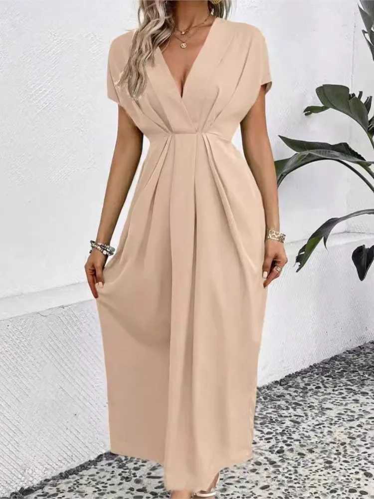Elegant Women Green Short Sleeve Midi Dress New Spring Summer Sexy Deep V Neck Draped High Waist Office Party Boho Long DressesXJ250514