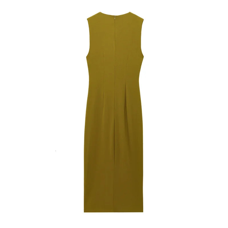 Womens Dress Spring Olive Green Pleated Waist Decoration Show Your Body Elegant Temperament Banquet Style 250514