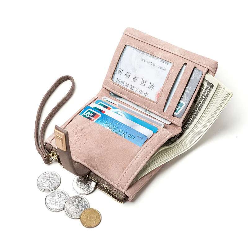 Matte Pu Leather Small Zipper Short Ladies Wallet Wristlet Women Purse Female Coin Pocket Card Holders