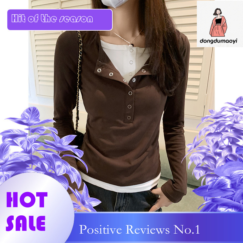 dongdumaoyi Trendy American Ins Half Open Collar Color Contrasting Long Sleeve T-shirt for Women's Fashion 2025 Spring Slim Fit Fake Two Piece Sp
