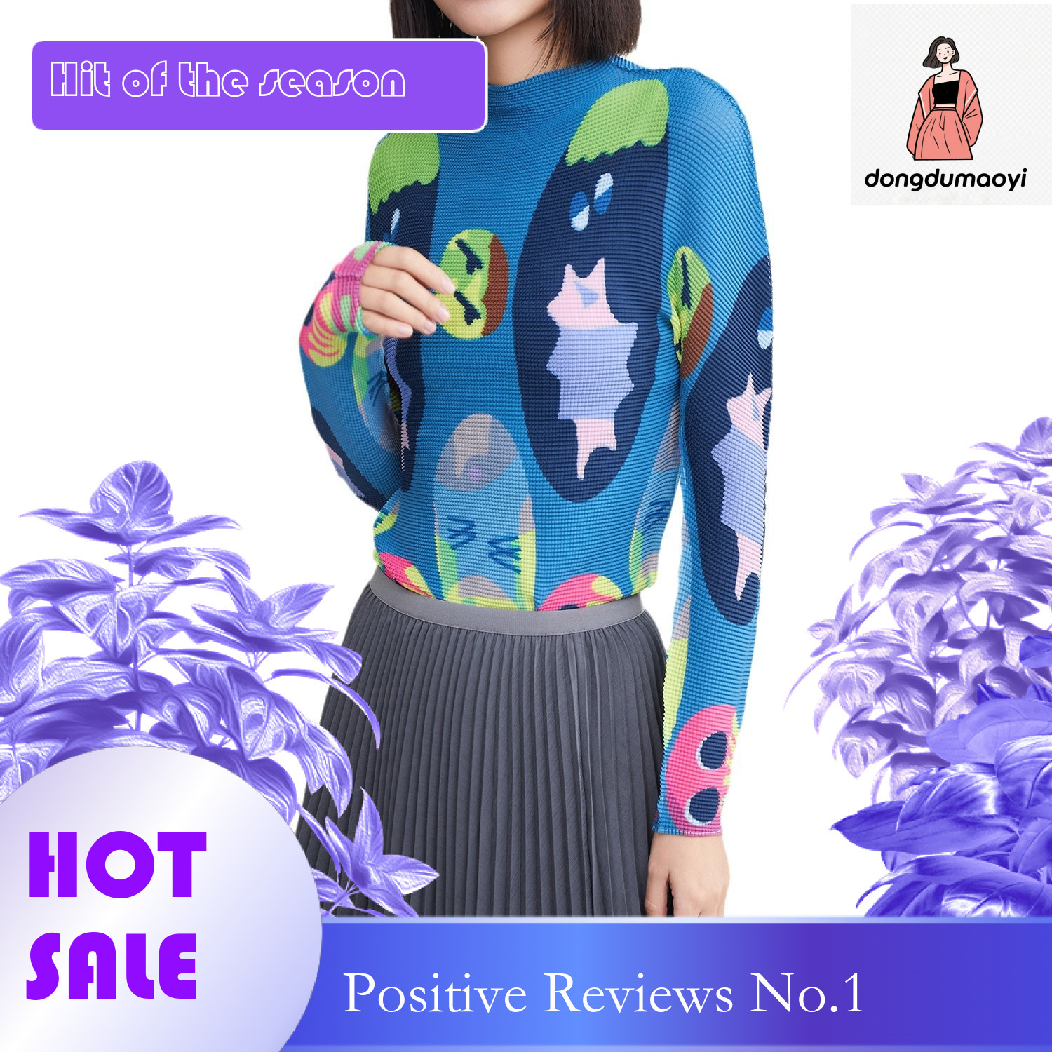 dongdumaoyi Miyake Half High Collar Bottom Shirt for Women 2025 New Style Spring and Autumn Winter Inner Fold Slimming Long Sleeve Thin Printed Top