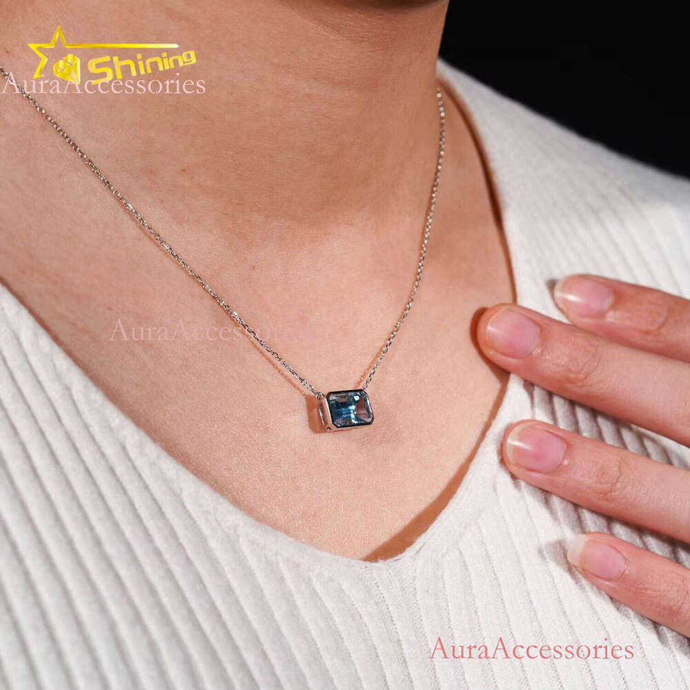 New Design Real Fine Jewelry Emerald Cut Lab Sapphire Custom Ladies Gold Pendant Necklace