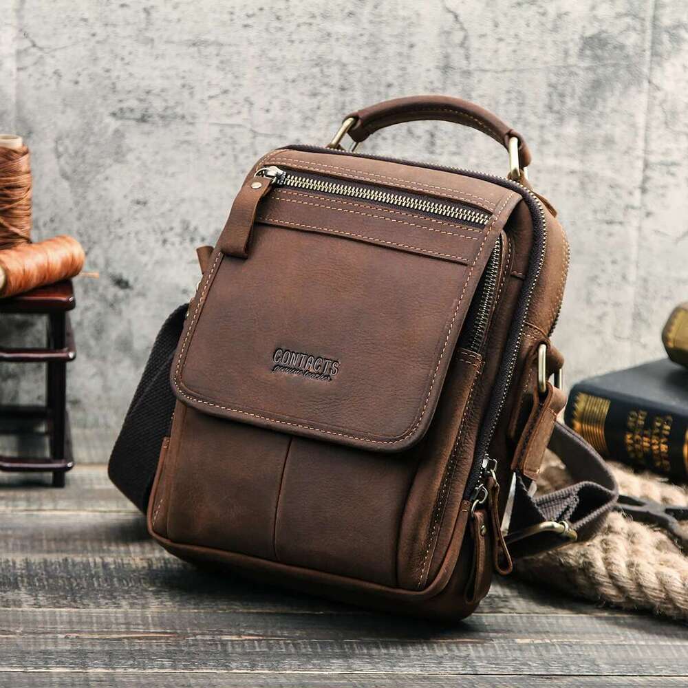 Men's Messenger Handle Handbag Genuine Leather Male Cross Body Bag Man Crazy Horse Business Briefcase IPAD Travel Shoulder Tote