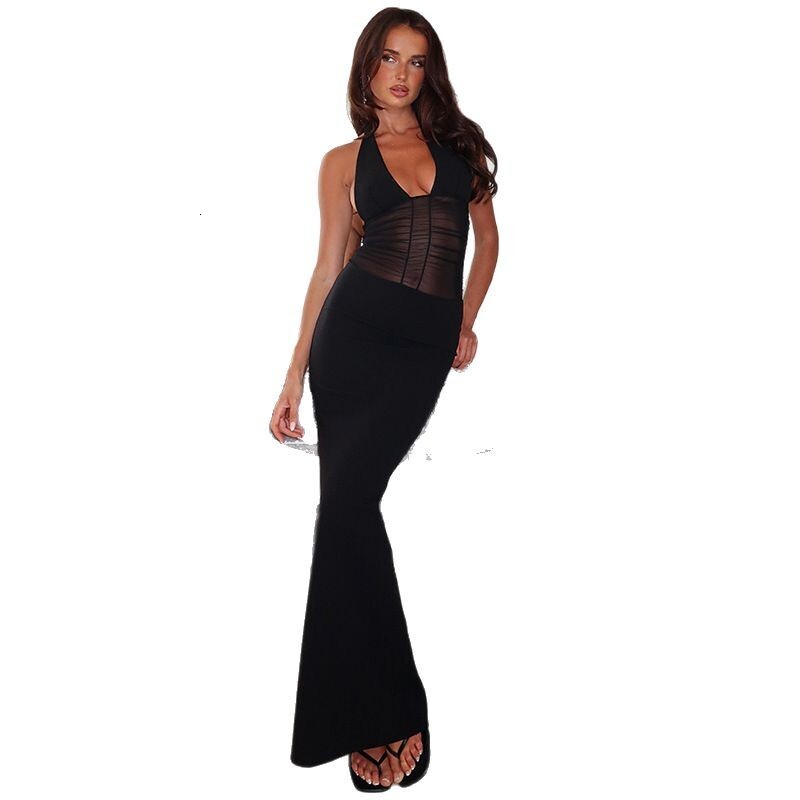 Womens clothing 2025 summer new product fashionable and sexy mesh splicing backless deep V perspective lace up dress